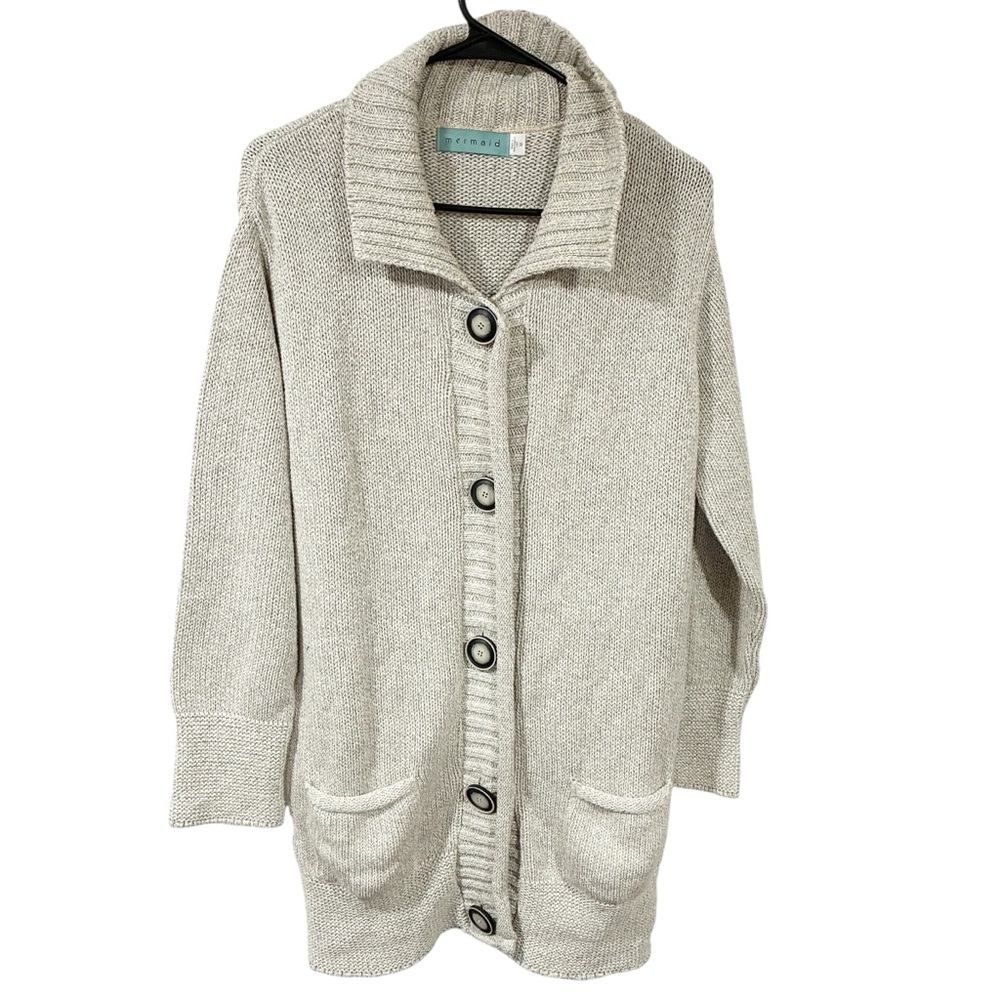 Mermaid Grey Thick Knit Big Button Collared Cardigan Sweater Size Medium